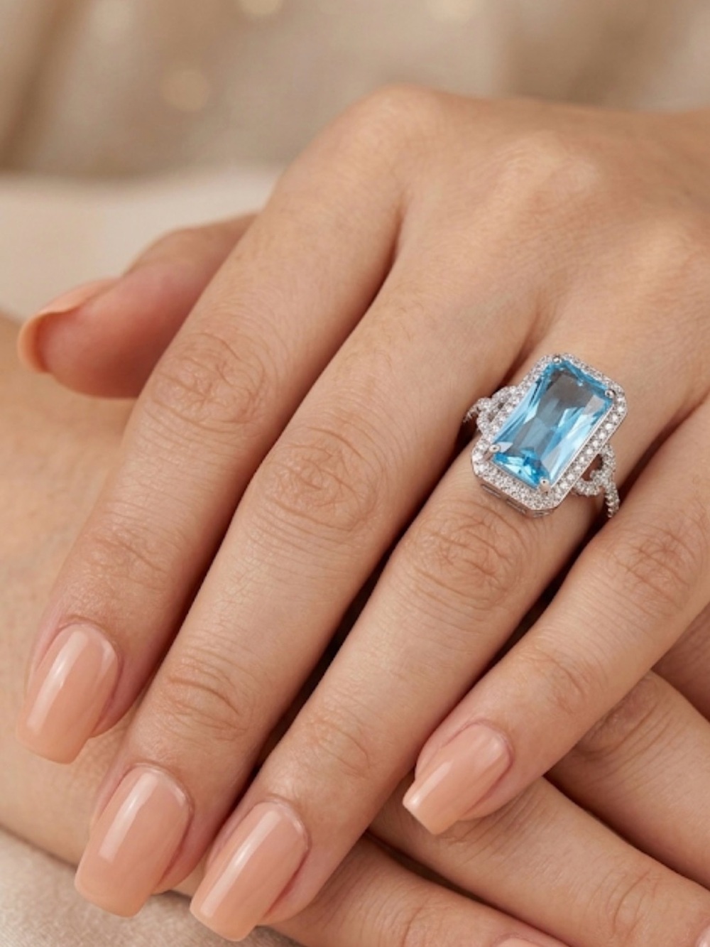 Stunning Blue Topaz Emerald-Cut Halo Cocktail Ring – Size 8½